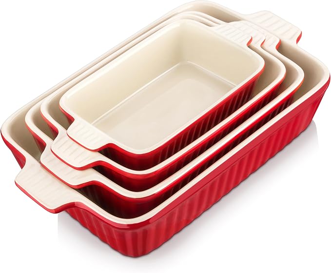 MALACASA Ceramic Casserole Baking Dishes Set of 4, Red with Handles | Rectangular Lasagna Pan Bakeware for Roasting Vegetable, Cake, Housewarming Gift, Oven Dishwasher Safe 9.4/11.1/12.2/14.7"