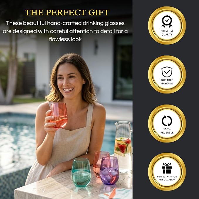 European Style Tritan Acrylic Stemless Wine Glasses Bright Colors, Set of 6 | 15 oz, Hand Wash Only, Premium Tritan Acrylic, Shatterproof & BPA-Free, Reusable Drinkware, Lightweight Design
