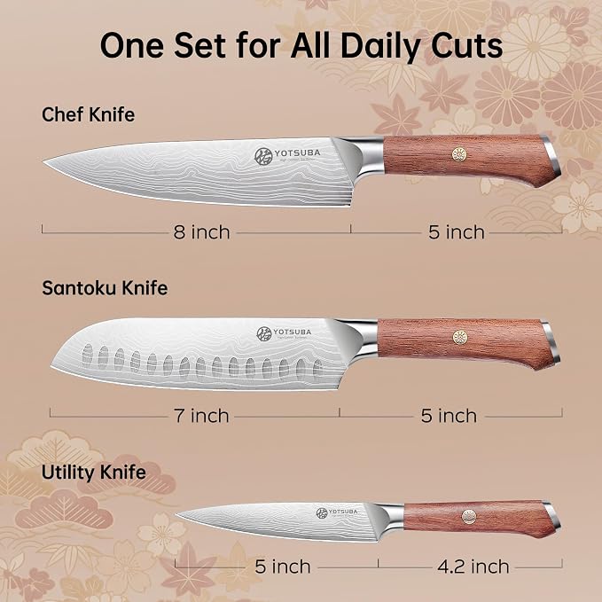 YOTSUBA 3 PCS Japanese Kitchen Knife Set, Razor Sharp High Carbon Stainless Steel Chef Knives with Ergonomic Natural Rosewood Handle, Premium Gift Box for Home & Restaurant Use