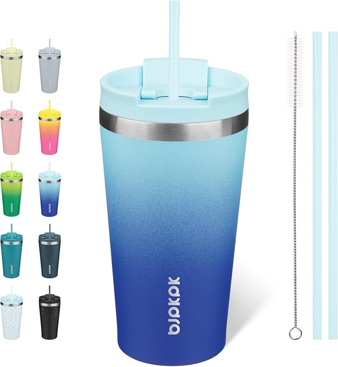 BJPKPK 18 oz Coffee Tumbler with Straw, Insulated Stainless Steel Cup | Double Wall Vacuum, Leak Proof, Keeps Hot/Cold, BPA Free, Dishwasher Safe, Cupholder Friendly, Travel, Sky