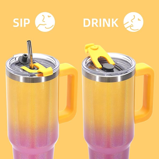 40 oz Shiny Tumbler with Handle and Straw,Stainless Steel Tumbler with Lid and Straw,Insulated Travel Mug(Cold for 34 Hours),Water Bottle for Iced Tea,Coffee (Yellow)