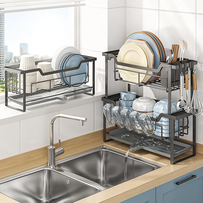 HABITLLO 2-Tier Dish Drying Rack with Drainboard, Large Capacity Dish Racks for Kitchen Counter Shelf with Utensil, Cups, Cutlery & Cutting Board (Black)