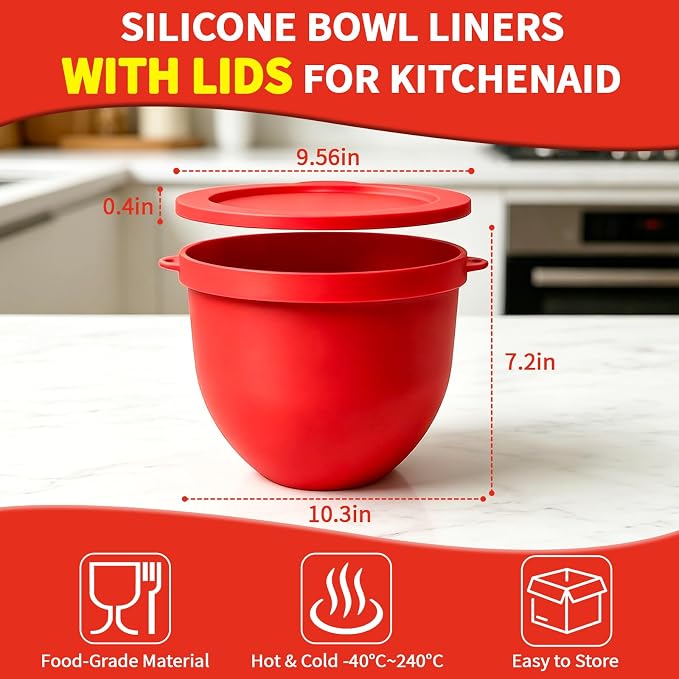 5QT Stainless Steel Mixer Bowl with Silicone Liners For Kitchenaid Mixers, Compatible with Kitchen Aid 4.5-5 Qt Tilt-Head Stand Mixer, Food-Grade Mixing Bowl Attachments for Baking, Cooking & Dough