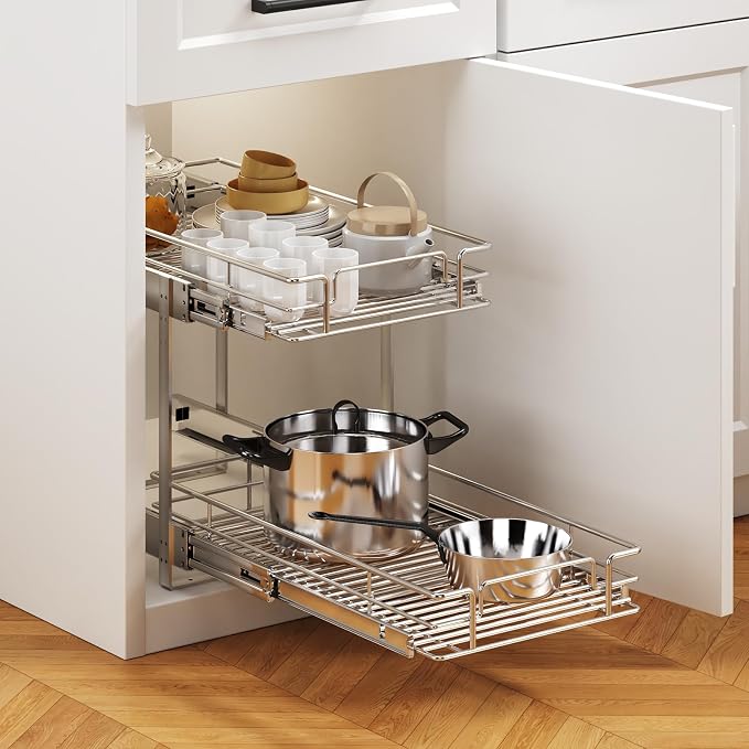 2 Tier Individual Pull Out Cabinet Organizer 16½" W x 21½" D, Heavy Duty Cabinet Pull Out Shelves, Slide Out Drawers Organization for Kitchen Cabinets Bathroom