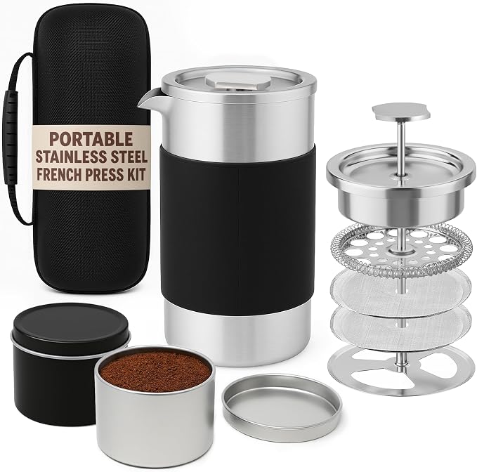 Small French Press Coffee Maker Set - 12 oz | Portable Travel French Press Coffee Maker | Double Wall Insulated with Dual Stainless Filters & 2 Steel Canisters for Grounds, Tea, Creamer & Sugar