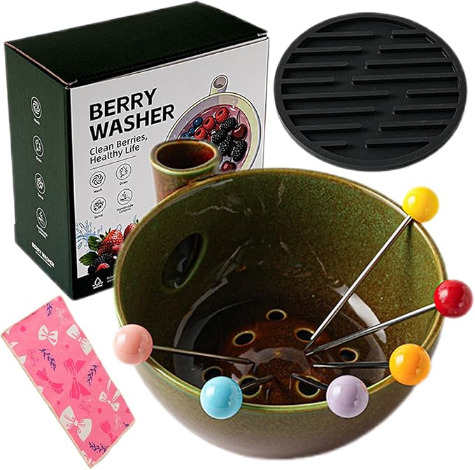 Self Spinning Ceramic Berry Washing Bowl with Drain Holes, 5.5'' Kitchen Fruit Washer Spinner Bowl with Fruit Fork and Waterproof Pad (Small-A)