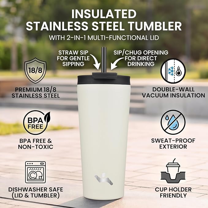 Konokyo 18 oz Insulated Tumbler Water Bottle with Straw Lid, Angel White | Stainless steel insulated tumbler for coffee, water and iced drinks; spill-proof lid, 2 straws, cup-holder friendly
