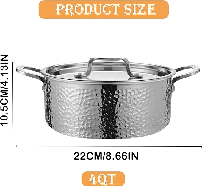 Vivicreate Tri-Ply Stainless Steel Stockpot Deep Cooking Pot with Hammered Exterior Compatible with All Stovetops Even Heat Distribution Durable Cookware for Soups Stews and More 4 QT