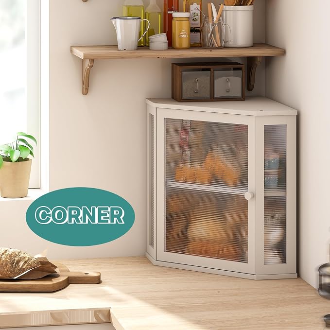 viewcare Corner Bread Box for Kitchen Counter, Bamboo Wood Large Capacity Bread Storage Bin with Acrylic Wavy Door Panel (White, Extra Large)