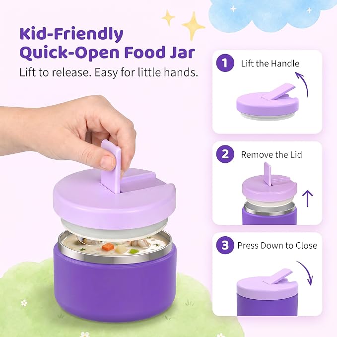 Pawtong Bento Lunch Box with 8oz Soup Thermo, Kids Leakproof Lunch Food Containers with 4 Compartment, Kids Thermo Insulated Hot Food Jar for School, Trvael (Purple)