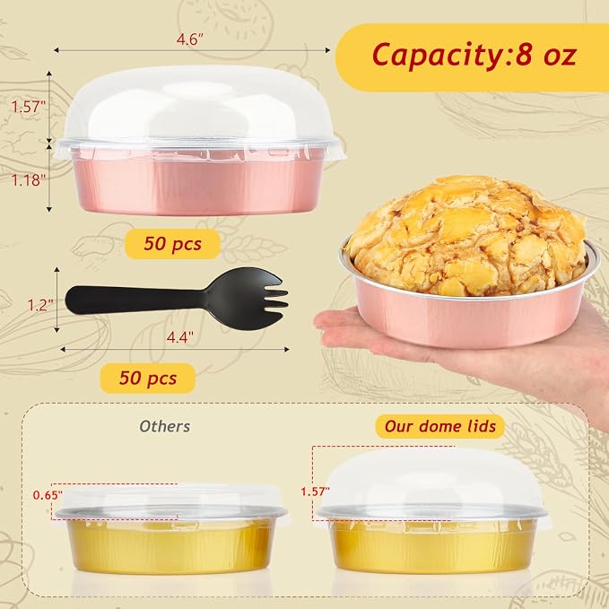 LNYZQUS 8oz Mini Pie Tins with Lids 50 Pack, 4 Inch Individual Cake Pans | Foil Disposable, Small Cake Tins, Mini Pie Containers, for Bake Sale Baking and Packaging, Round Champagne
