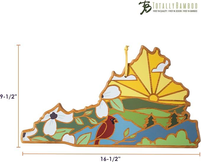 Totally Bamboo Virginia State Shaped Cutting Board, Summer Stokes Art | State charcuterie board with colorful hand-drawn landscape art. Smooth reverse side for food prep. Hang tie for wall display.
