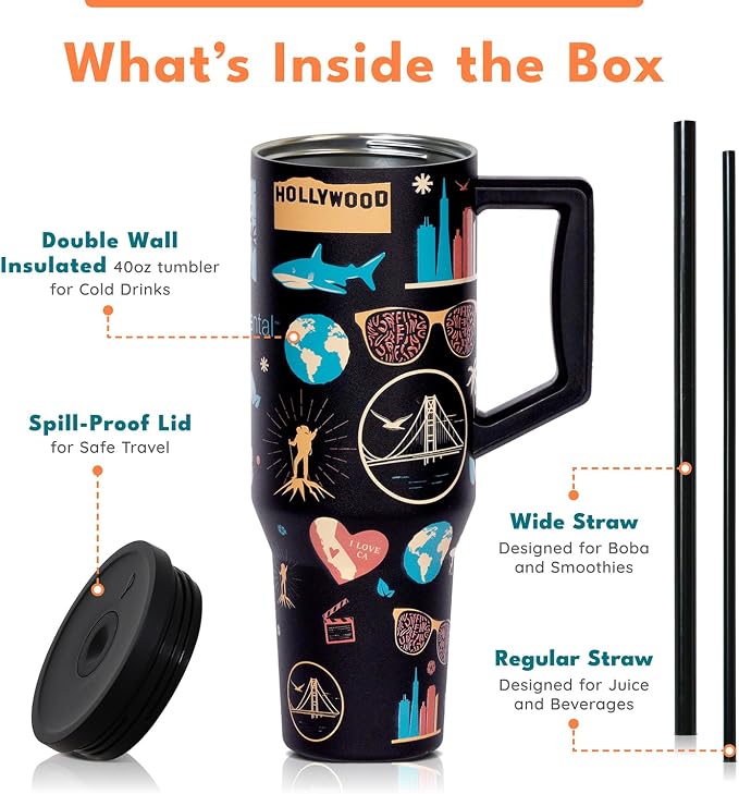 Elemental Spill Proof 40oz Insulated Tumbler with Handle & Straw Travel Mug | Stainless Steel Commuter Travel Coffee Mug for Cold Beverages, Includes 2 Straws & a Spill Proof Lid for Everyday Use