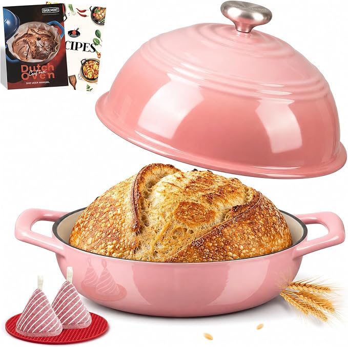 Overmont Enameled Cast Iron Dutch Oven, 6QT Bread Oven with Dome Lid Recipe | Tall Bread Pot with Potholders, for Sourdough Bread Baking Artisan Loaves, Crispy Crust & Better Oven Spring, 500°F Oven Safe