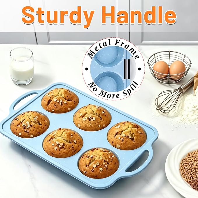 Jumbo Muffin Pan, Metal Reinforced Frame 6-Cup Large Silicone Cupcake Pan | 3.5 inch, with Handle, BPA Free, Nonstick, 1 Pc, Oven Dishwasher Safe, Food-Grade Silicone, Heat-resistant: -104°F to 446°F