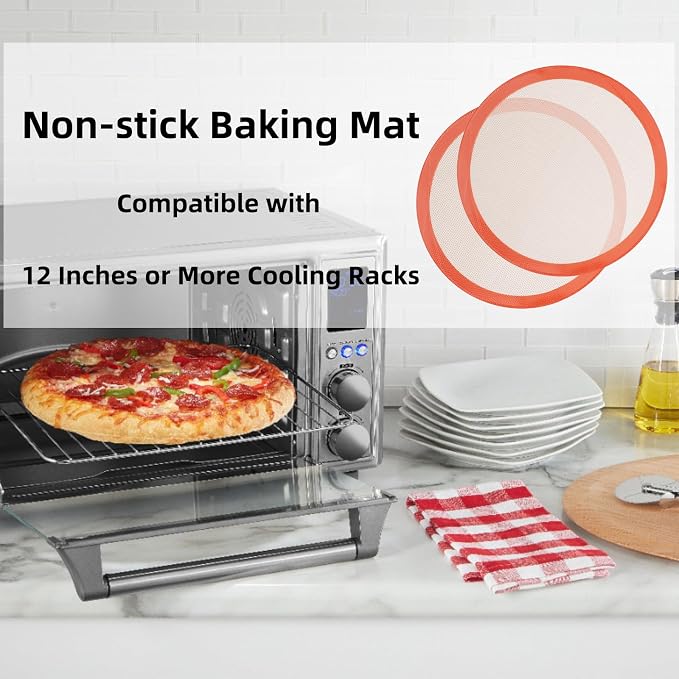 Round Silicone Baking Mats for 12 Inch Pizza Pan, 12 Inch Large Pizza Mat or Dough/Cake Mat, Round Liner for Rolling/XL Air Fryer/Cooling Rack/Microwave, Food Grade Non-Stick Reusable(11.75", 2PCS)