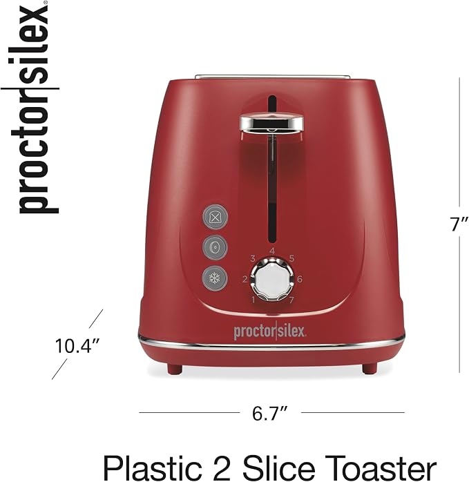 Proctor Silex 2 Slice Toaster With Bagel, Defrost & Cancel Buttons | Browning Control With 7 Shades | Auto Shutoff | Wide Slots | Toast Boost | Slide-Out Crumb Tray | Red | 22661