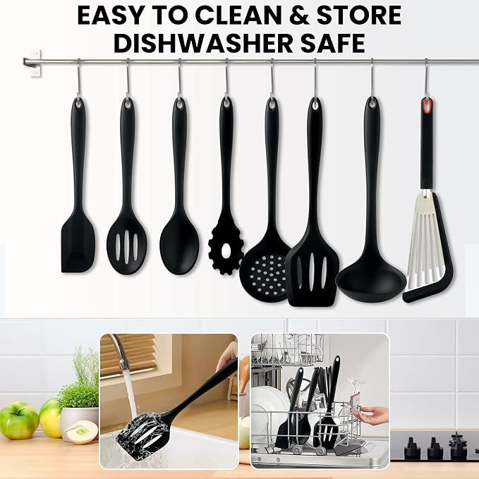 8 PCS Silicone Kitchen Utensils Set, Non Stick Cooking Tools, Black | Spatulas/Turner/Spoons/Soup Ladle/Pasta Server/Skimmer | Heat Resistant | Dishwasher Safe