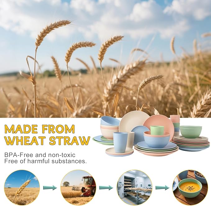 PYRMONT 40 Piece Unbreakable Plate and Bowl Set Wheat Straw Dishes Set for 8-Reusable Plates,Microwave Safe Bowls for Dorm Room,RV Essentials,Dishwasher Safe Kitchen Cups Set-Multilight