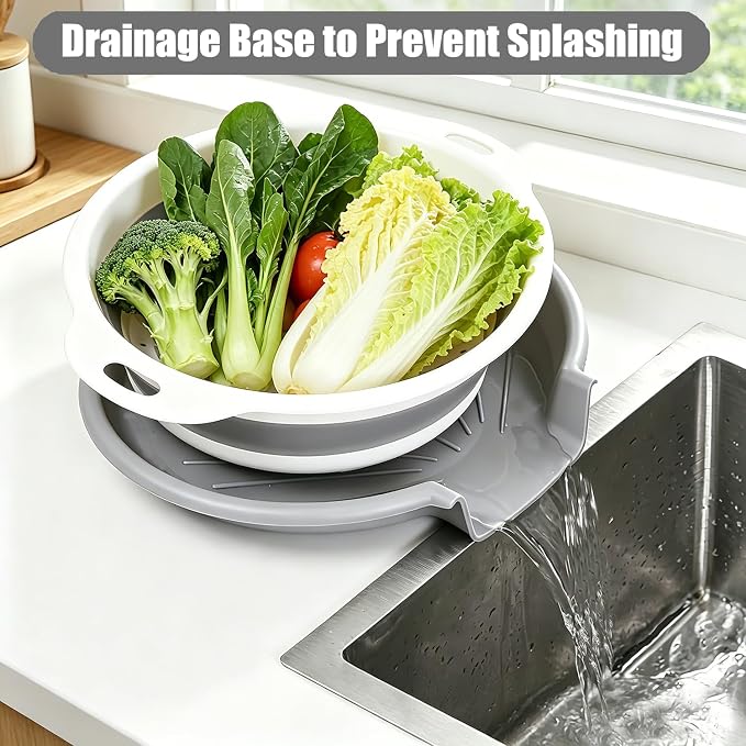 Collapsible Colanders Food Strainers, 3-Pack Foldable Kitchen Strainers with Over-Sink Water Draining Tray, Space Saving Kitchen Drainer for Vegetables, Fruit, Pasta and Rice (White-Gray)