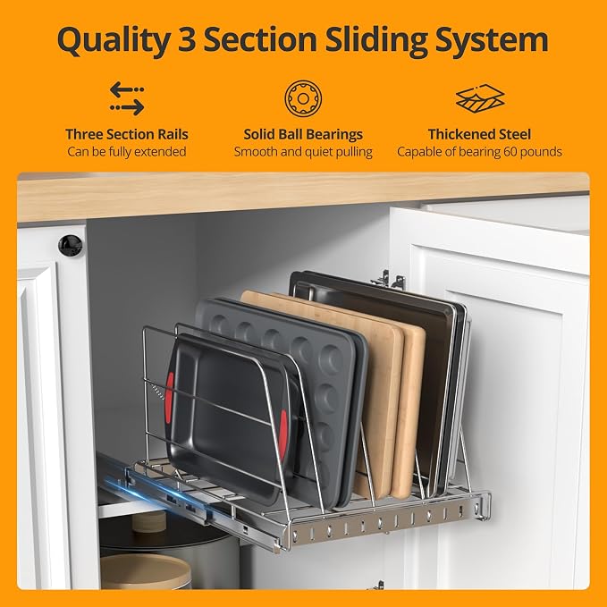 NestSprout Pull Out Cabinet Organizer for Cutting Board, Cookie Sheet, Baking Sheet, Stainless Steel Sliding Rack for Bakeware & Trays, Heavy-Duty Cutting Board Organizer 12.9”W x 16.5”D | Stainless Steel Sliding Rack for Bakeware & Trays, Heavy-Duty C...