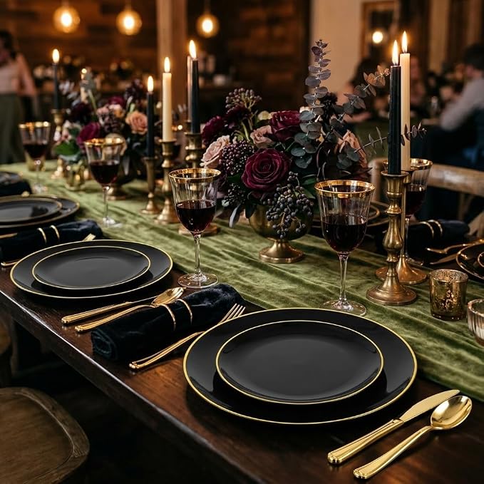 150Pcs Black Plastic Plates , Heavy Duty Black Plates for 30 Guests | Black Disposable Plastic Plates,Include 30 Dinner Plates,30 Dessert Plates and 90 Gold Cutlery Set for Party,Wedding