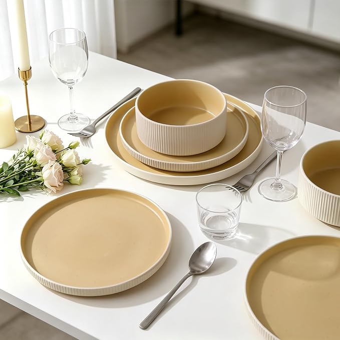 18PCS Ceramic Dinnerware Set for 4,Stoneware Plates and Bowls Sets | Reactive Glaze Dish Set,Scratch Resistant Tableware Set,Reactive Glaze,Microwave & Dishwasher Safe,White Orange