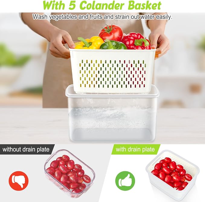 10 PS Fridge Food Plastic Storage Container with Colander | Fresh Produce Saver Keeper for Vegetable Fruit Berry Salad Lettuce Meat Fish, BPA Free Kitchen Refrigerator Organizer Bins