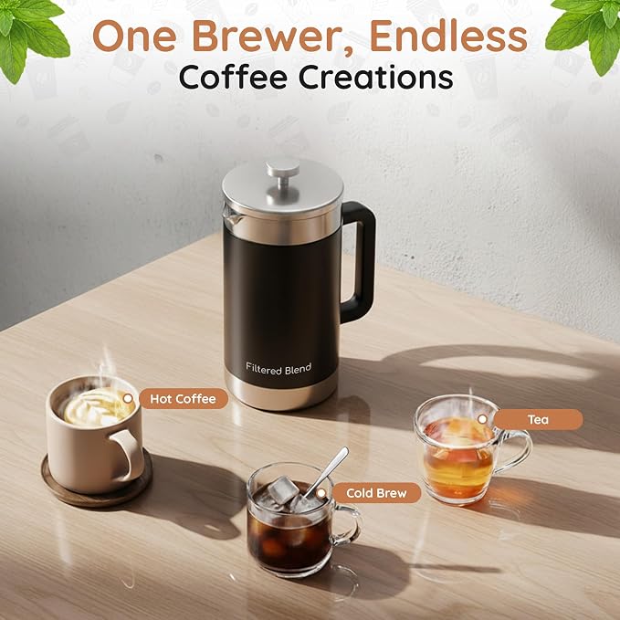 54 oz French Press Coffee Maker, Stainless Steel, Double Filter, Black | 54 oz Capacity, French Press Coffee Maker, Stainless Steel, Double Mesh Filter, Hot & Cold Brewer, Travel Friendly, Black