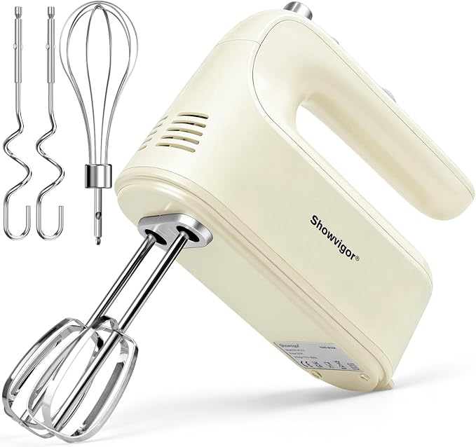 Electric Hand Mixer, 300W Handheld Mixer with 5 Stainless Steel Accessories, 5 Adjustable Speeds + Turbo Boost & Self-Control, One-Button Eject, Food Beater for Cakes, Eggs, Dough (Beige)