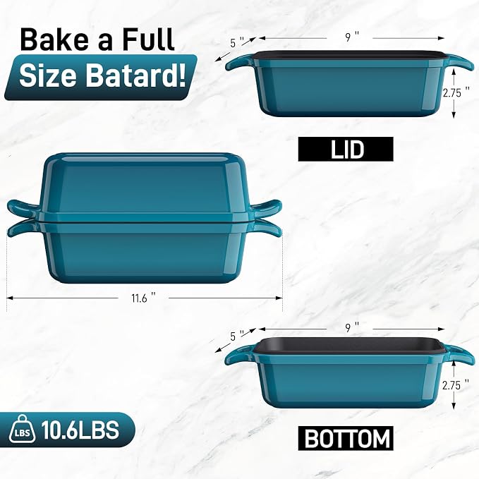 Enameled Cast Iron Sourdough Bread Dutch Oven, 8.5x4.5 Inch Loaf Cast Iron Bread Pan for Homemade Bread Baking, Sourdough Baking Pans, Meatloaf Pan with Lid, 2 Piece set, Emerald