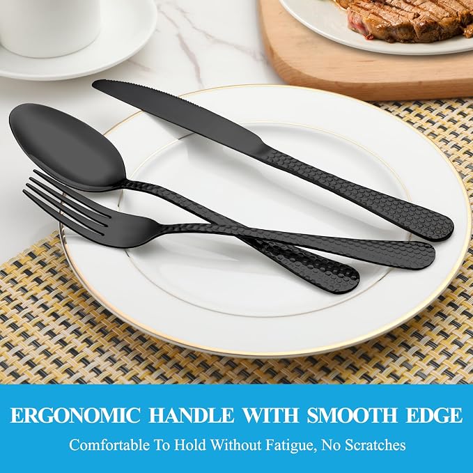 30 Pcs Black Hammered Silverware Set Service for 6,Stainless Steel Flatware Set,Mirror Polished Cutlery Utensil Set,Durable Kitchen Eating Tableware Set,Include Fork Knife Spoon Set,Dishwasher Safe
