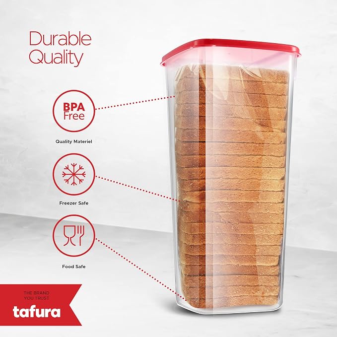 Tafura Bread Containers, 2 Pack, Airtight BPA-Free Bread Boxes, Red Lid | Includes two reusable units to help keep homemade and bakery loaves fresh and neatly organized.