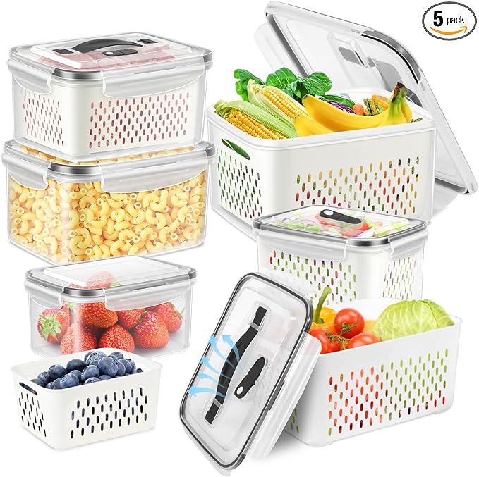 5 Pack Fridge Fruit Storage Containers with Colander, Vent and Handle | BPA Free Plastic, Airtight Stackable Refrigerator Organizer Bins for Berry, Meat, Vegetable