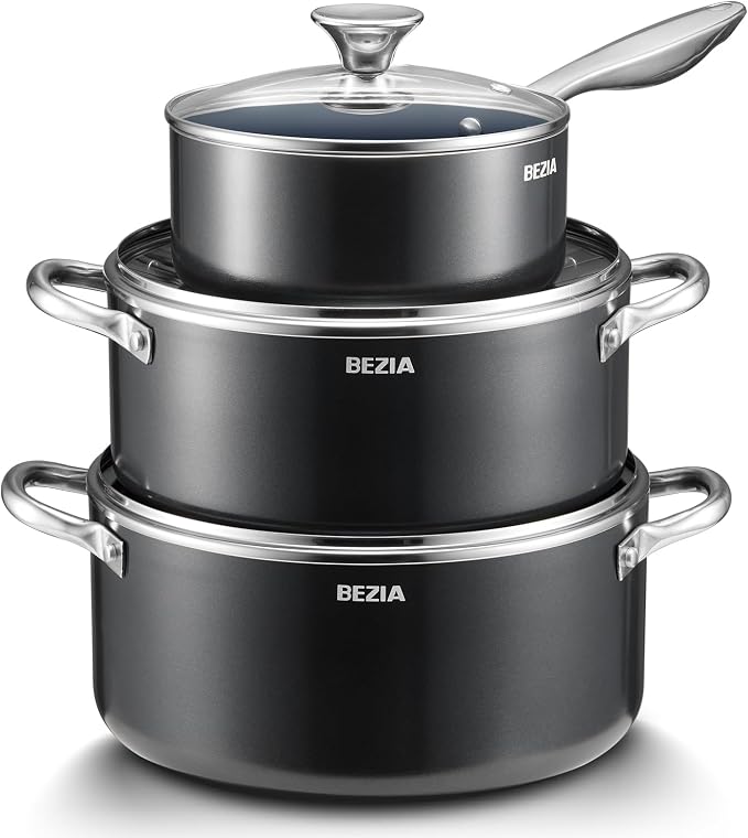 BEZIA Nonstick Induction Cookware Set, 6-Piece Pots and Pans Set with Lids | 2QT Saucepan, 4.8QT Casserole Dutch Oven, 6QT Stock Pot, Riveted Stainless Steel Handles, Oven Safe, Works on All Stovetops