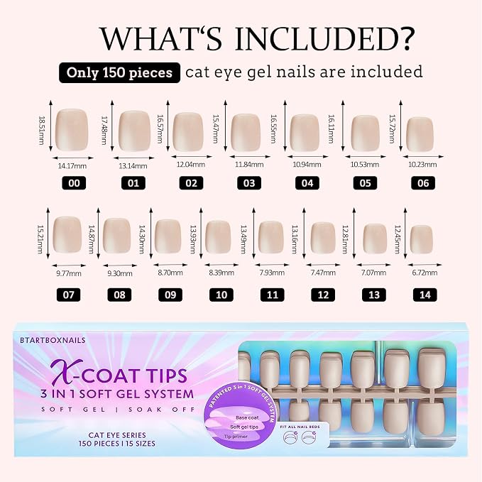 BTArtboxnails XCOATTIPS Cat Eye Press On Nails, Short Square, Aurora | Lamp-Curable 4-Week Wear, Salon Quality Value at Home, Natural Nail Look, Easy-to-Apply for Beginners, 150ct Nail Tips Only
