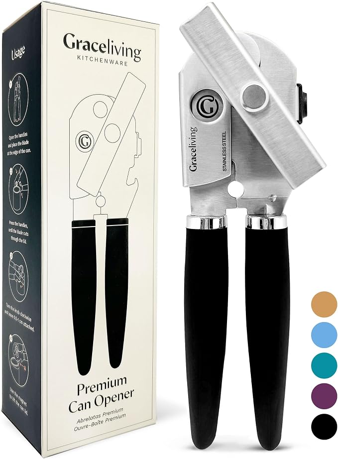 Heavy Duty Manual Can Opener with Magnetic Lid Lifter, Black | Premium Stainless Steel Body, Sharp Cutting Blade, Oversized Easy-Turn Knob, Soft-Touch Handle, Bottle Opener, Kitchen Use