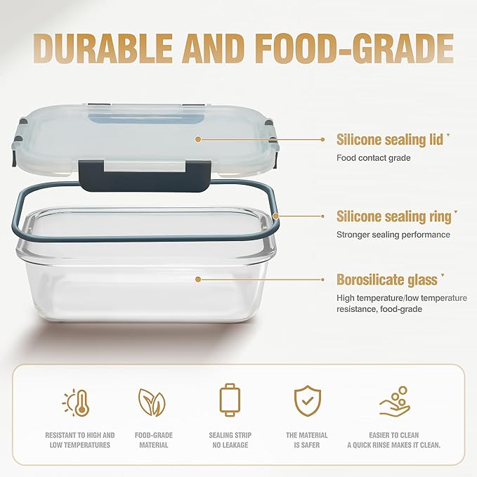 10-Pack Glass Food Storage Container with Lids, Gray | Glass Meal Prep Containers with Lids, Airtight Lunch Bento Boxes,Microwave, Oven, Freezer and Dishwasher Friendly, BPA Free