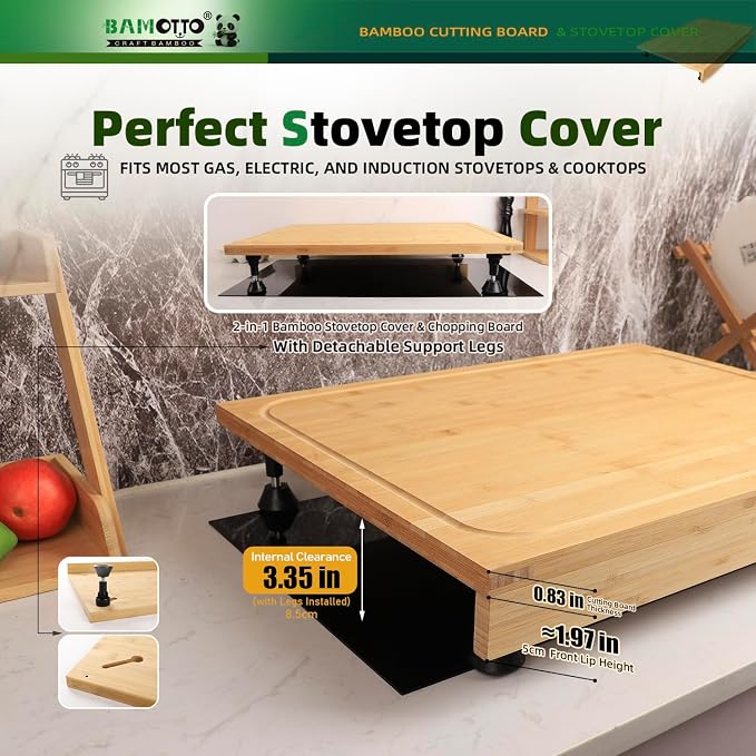BAMOTTO CRAFTBAMBOO 24 x 18 Inch Extra Large Bamboo Cutting Board — Stovetop Cover, Over the Sink Board, Noodle Board, Butcher Block with Detachable Legs & Non-Slip Lip, Juice Groove