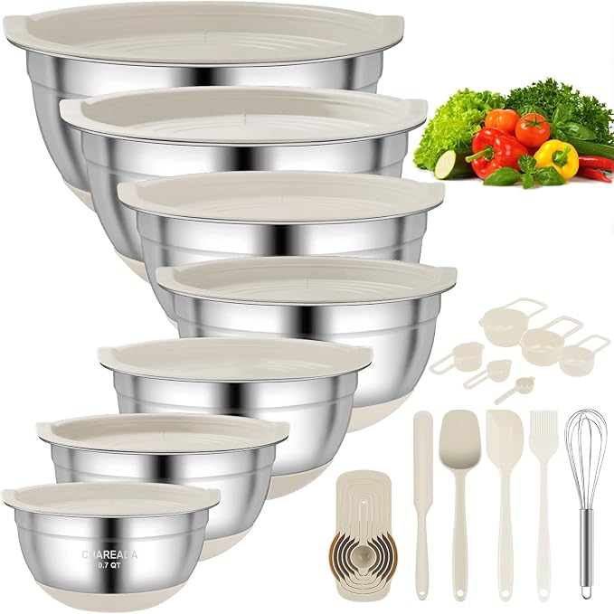 Mixing Bowls with Airtight Lids, 18pcs Stainless Steel Mixing Bowls Set | Nesting Non-slip Silicone Bowls Bottom, Size 4.5, 3.6, 2.7, 2.1, 1.7, 1.1, 0.7 qt, Fit for Mixing & Serving(Khaki)