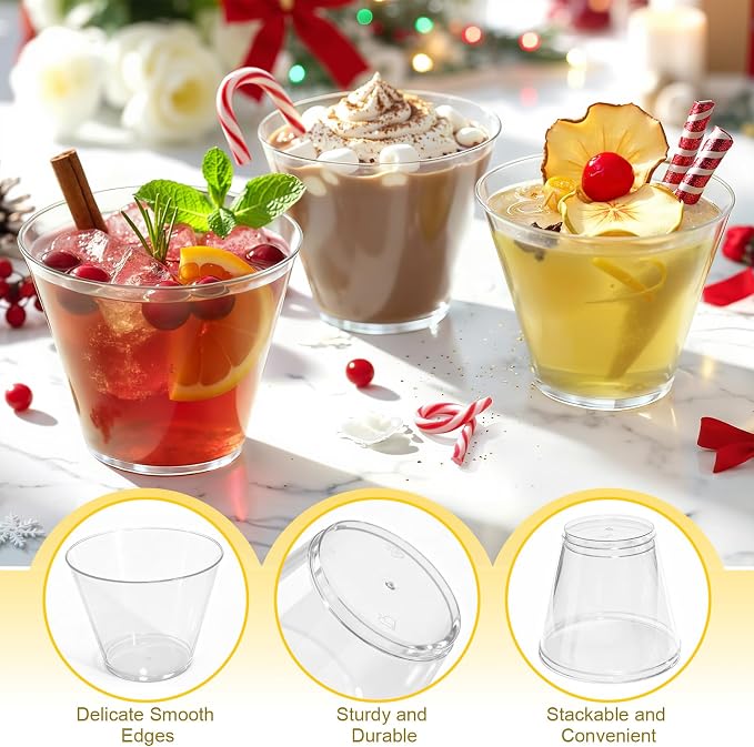 Glowserve 9 OZ Clear Disposable Plastic Cups Cocktail Cup 150 Pack | Fancy Cocktail Cup,Stemless Wine Glass,Wedding Wine Glasses,Graduation Birthday,World Cup,Party Essentials