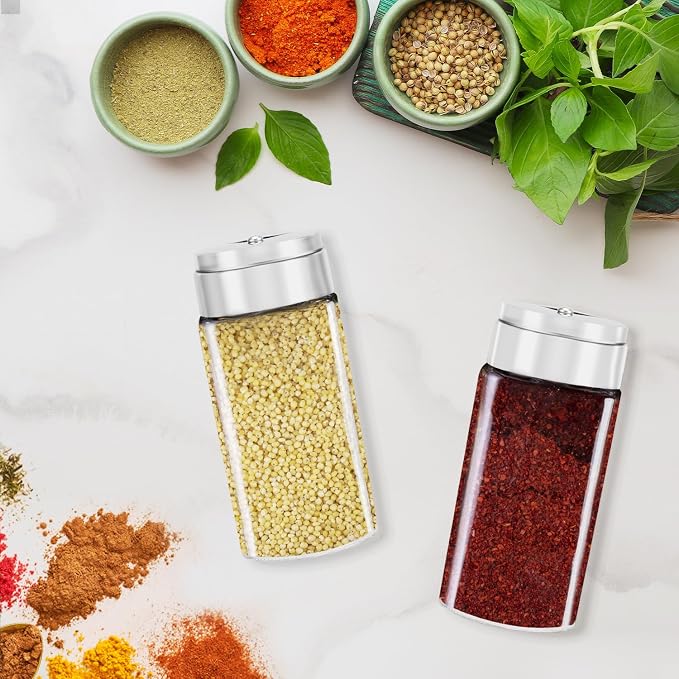 Segarty Spice Jar with Shaker Lids, 6 Pack 4 oz Glass Spice Jars with Adjustable Pour Large Holes for Herbs Grains, 120ml Clear Empty Seasoning Containers Spices Bottles Lid Salt Pepper Shakers
