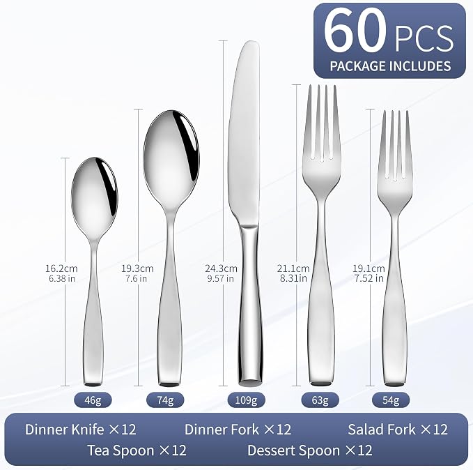 60-Piece Stainless Steel Flatware Set for 12, 18/10 Silverware Set, Heavy Silverware Set for 12, High End Flatware, Mirror Polish, Dishwasher Safe, Ideal for Gift