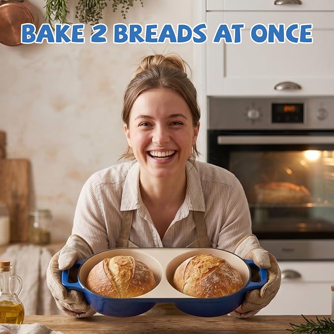 Double Dutch Oven Pot with Lid, 2.2QT Enameled Cast Iron Bread Loaf Pan, Mini Dutch Oven For Sourdough Bread Baking, 500°F Oven Safe Non Stick Dual Round Bread Pan, Bread Oven, 16.5cm Diameter, Blue