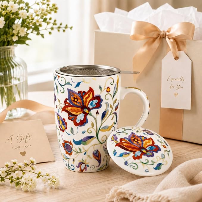 GBhome Tea Mug with Infuser and Lid,18 Ounce Ceramic Loose Leaf Cup Steeper | Lead-Free Glaze For Tea Lovers,Microwave & Dishwasher Safe with Tea Strainer