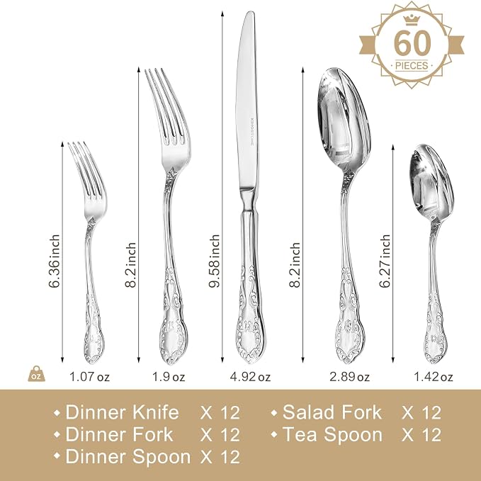60-Piece Vintage Silverware Set, 18/10 Stainless Steel Flatware | Retro Utensils, Cutlery Set, Mirror Polished Finish, Dishwasher Safe, for Home, Wedding & Housewarming Gift