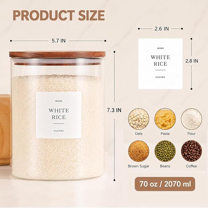 2 Pack Glass Containers with Acacia Lids, 70oz Pantry Airtight Storage Jars | Large Kitchen Canisters with 105 Labels, Pantry Food Storage Containers with Wood Lids for Pasta, Flour, Rice, Cereal