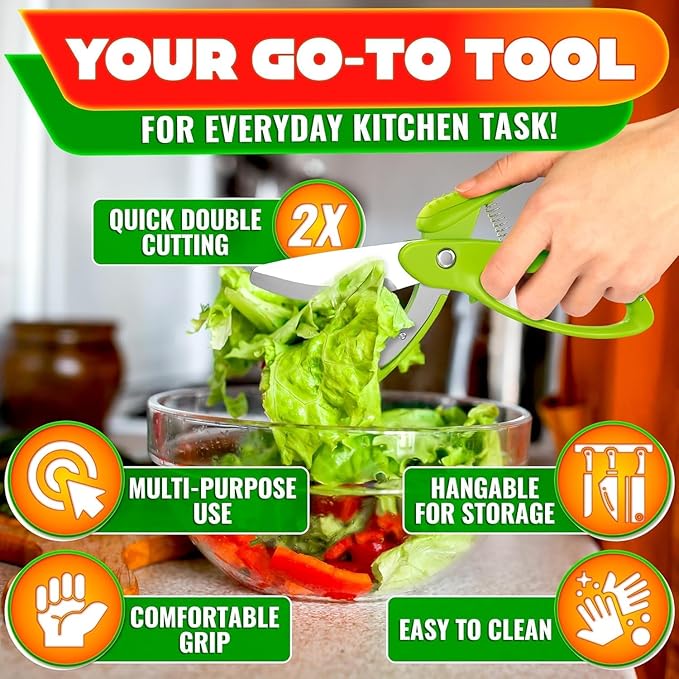 Salad Scissors for Chopped Salad, Two-Blade, Spring-Loaded System | 8.9" Salad Chopper Scissors for Fast Double Cutting; Chops Lettuce, Veggies, and Fruits; Non-Slip Handle; Anti-Slash Head
