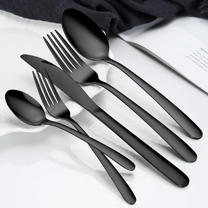 Hunnycook 20-Piece Black Silverware Set - Stainless Steel Silverware Set for 4, Includes Forks Spoons and Knives, Utensil Sets for Home Kitchen Restaurant, Dishwasher Safe