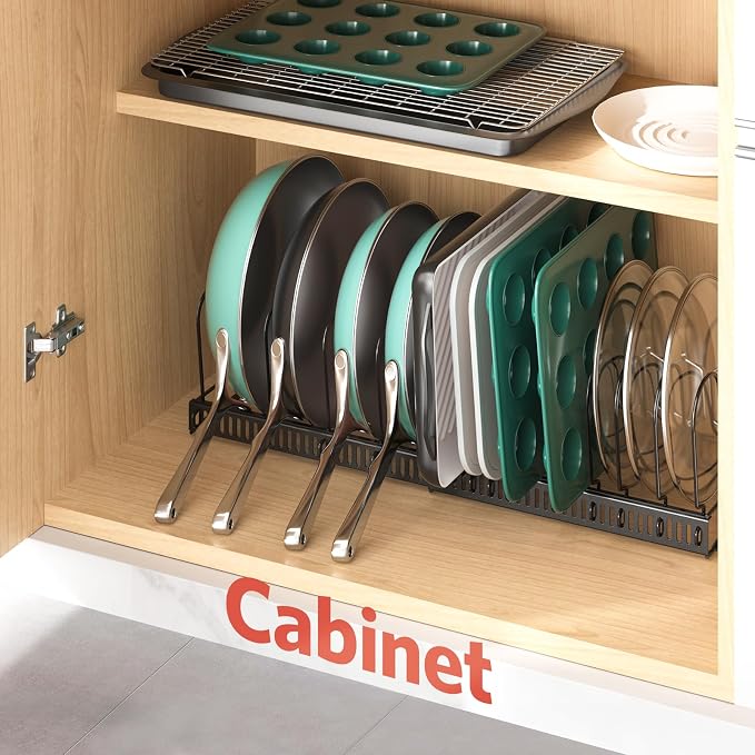 Pots and Pans Organizer under Cabinet, 11.8-22.8" 14 Dividers Black | Extends 11.8-22.8", Holds pot lids, pans, cookware and bakeware, Adjustable dividers, for under cabinet or countertop